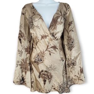 NWOT New York City Design tan & brown floral silk blouse top Womens Medi…